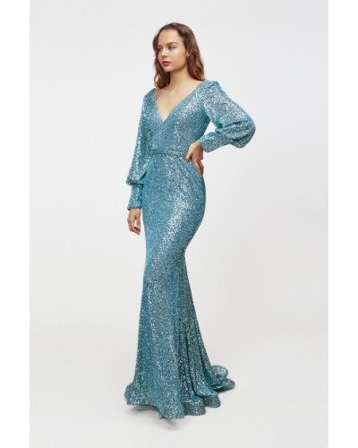 Robe longue de cocktail à sequins, Bleu Glacier