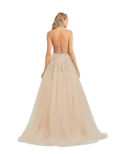 Robe longue de soirée, brodée, Beige