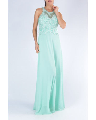 Robe longue de soirée, à strass, Vert d'Eau