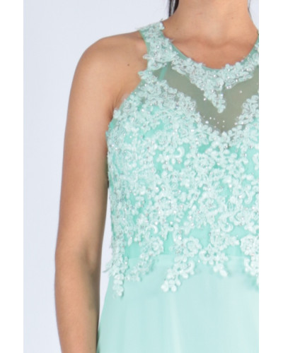 Robe longue de soirée, à strass, Vert d'Eau
