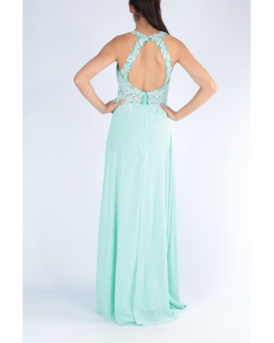 Robe longue de soirée, à strass, Vert d'Eau