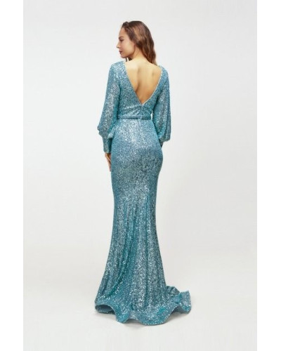 Robe longue de cocktail à sequins, Bleu Glacier