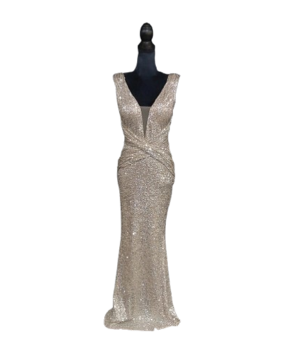 Robe longue de cocktail, à sequins, Dorée