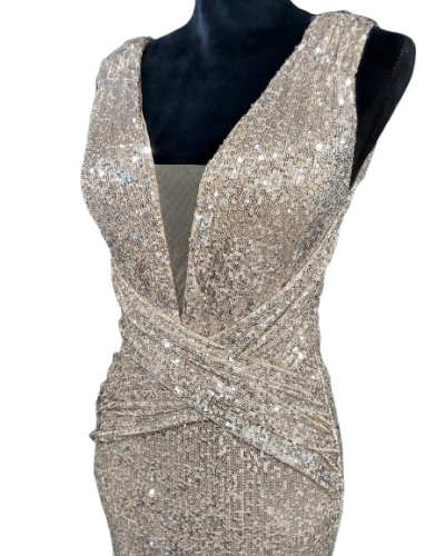 Robe longue de cocktail, à sequins, Dorée