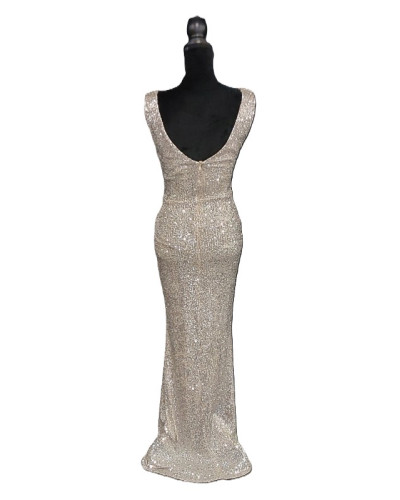 Robe longue de cocktail, à sequins, Dorée