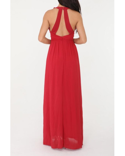 Robe longue de cocktail, avec collier de strass, Rouge