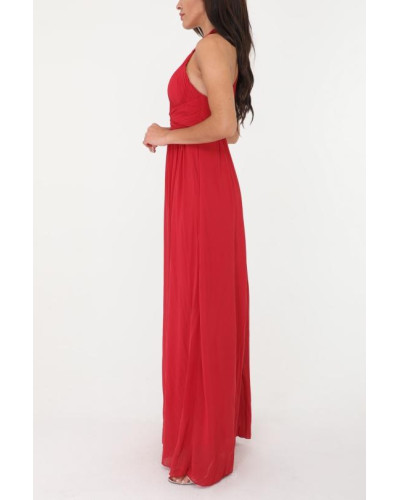 Robe longue de cocktail, avec collier de strass, Rouge