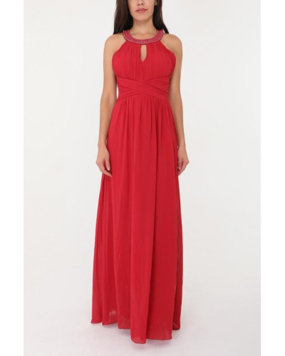 Robe longue de cocktail, avec collier de strass, Rouge