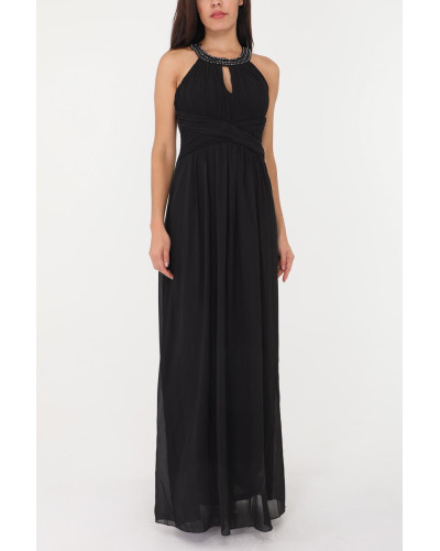 Robe de cocktail longue, avec collier de strass, Noir