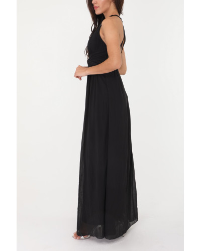 Robe de cocktail longue, avec collier de strass, Noir