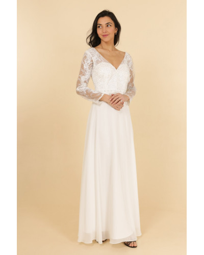 Robe de cocktail en dentelle et strass, Blanche