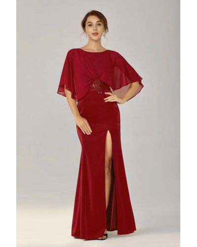 Robe longue de cocktail avec strass à la ceinture, Bordeaux