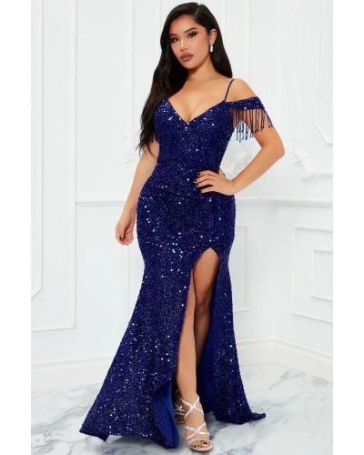 Robe de soirée avec manches bateau à sequins, Bleu marine