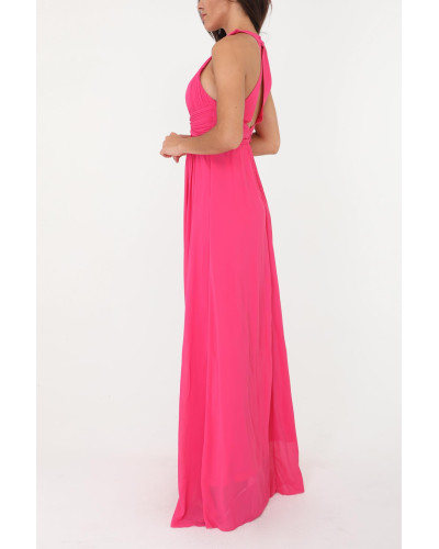 Robe longue de cocktail, avec collier de strass, Fuchsia