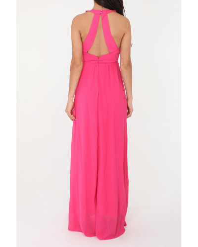 Robe longue de cocktail, avec collier de strass, Fuchsia