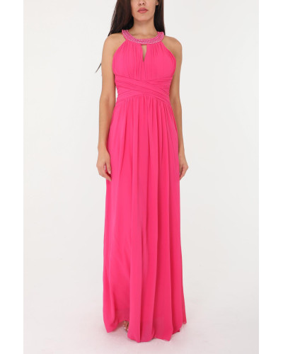 Robe longue de cocktail, avec collier de strass, Fuchsia