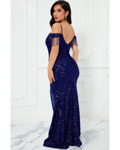 Robe de soirée avec manches bateau à sequins, Bleu marine