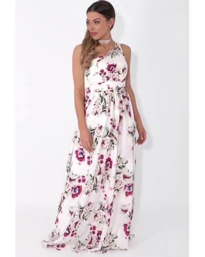 Robe longue de cocktail asymetrique, Fleurie