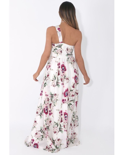 Robe longue de cocktail asymetrique, Fleurie