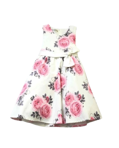 Robe de cérémonie enfant, Blanche à fleurs rose