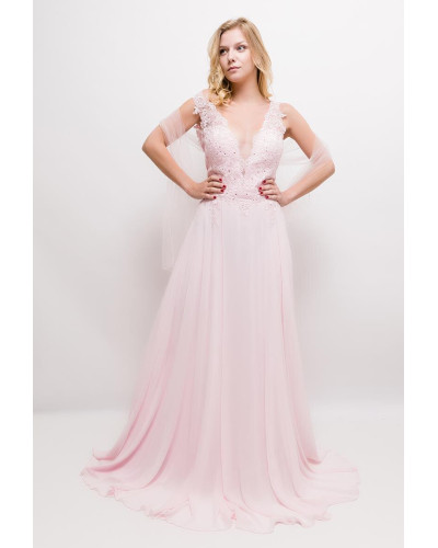 Robe longue de soirée, à dentelle, Rose Clair