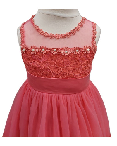 Robe de cérémonie enfant, avec perle et broderie, Corail