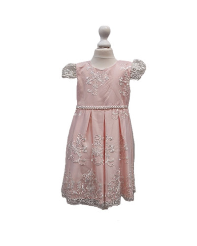 Robe de cérémonie enfant, Rose avec broderie blanche