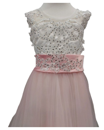 Robe de cérémonie enfant, Blanche, avec du tulle rose