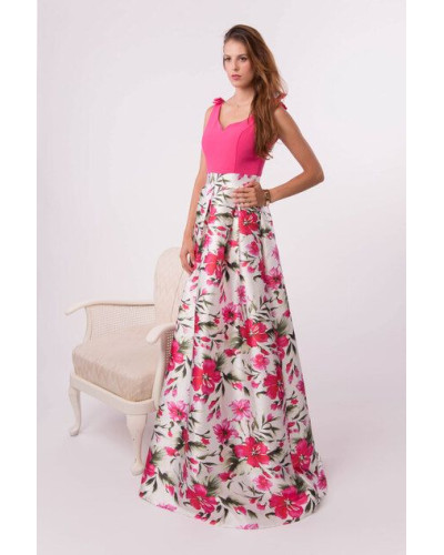 Robe longue de cocktail fleurie, Rose