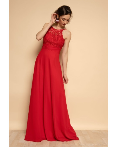 Robe longue de cocktail avec bustier en dentelle, Rouge