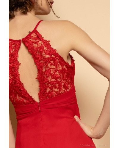 Robe longue de cocktail avec bustier en dentelle, Rouge