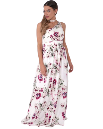 Robe longue de cocktail asymetrique, Fleurie