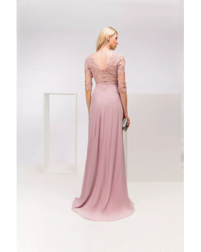 Robe longue de soirée, manches 3/4, Rose Poudré