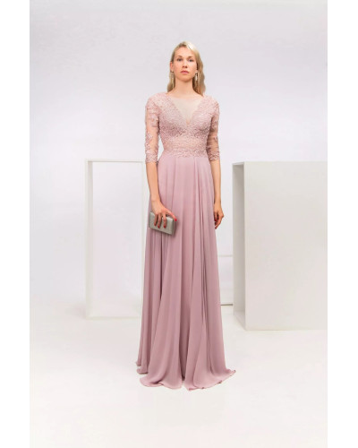 Robe longue de soirée, manches 3/4, Rose Poudré