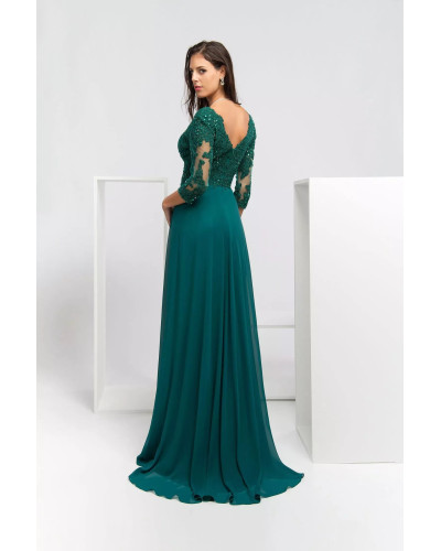 Robe longue de cocktail, manches 3/4, Verte