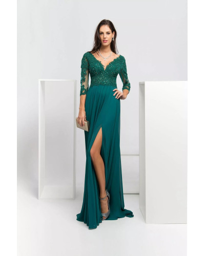 Robe longue de cocktail, manches 3/4, Verte