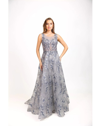 Robe longue de soirée en tulle, Armeria, Grise