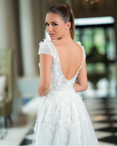 PAUL & NATHALIE - Robe de mariée en dentelle et tulle, Ivoire/Champagne