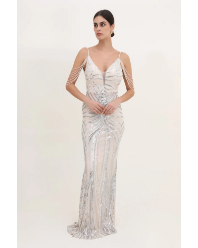 Robe de cocktail, avec détail en strass, et perles, Argent