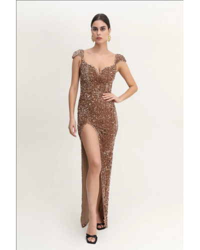 Robe de cocktail, ornée de sequins, Taupe