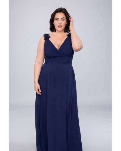 Robe longue de cocktail avec applications, Bleu Marine