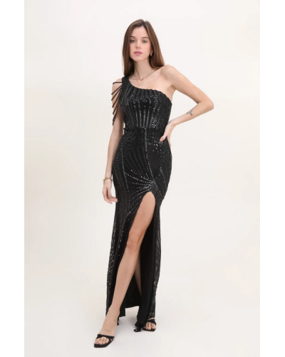 Robe de soirée, avec décolleté asymétrique, Noire